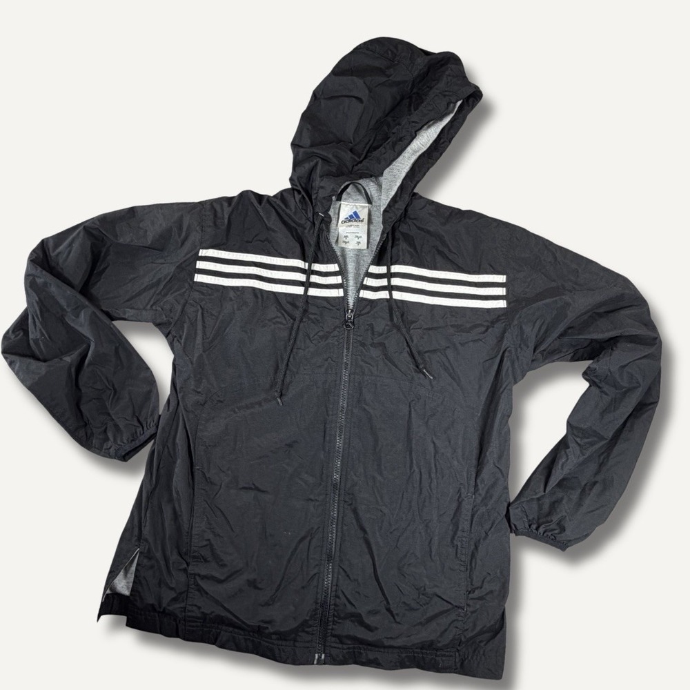 Adidas Windbreaker Jacket Womens S Black 3 Stripe Y2K Hooded Zip